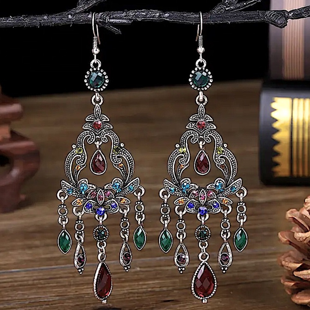 Boho Multicolor Zircon Earrings Silver Dangle Vintage